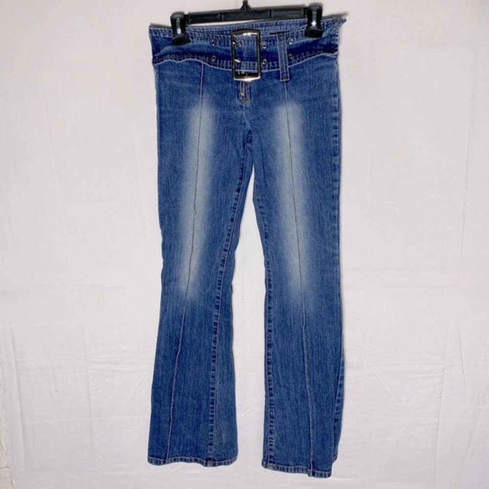 Vintage Y2K Med Wash Low Rise Belted Flare Leg Jeans 28